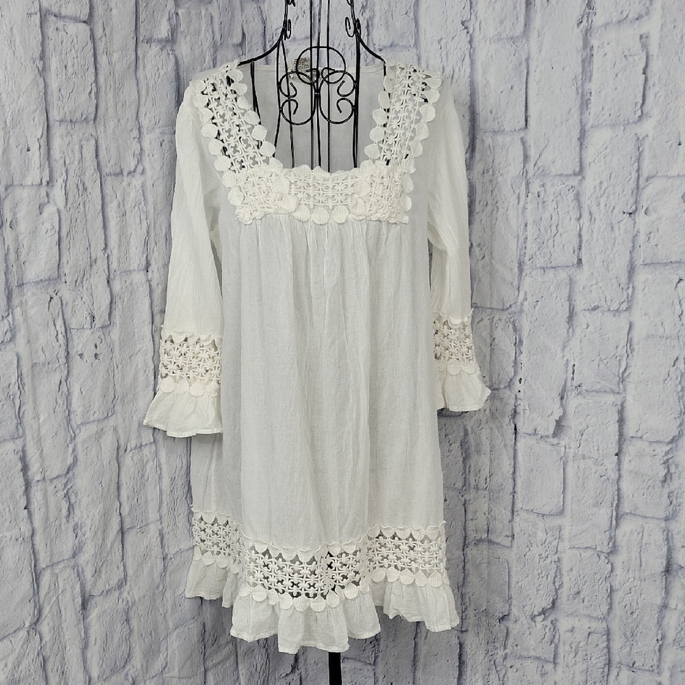 Cute Options White Crochet Lace‎ Ruffle Boho Tunic Blouse Size Large